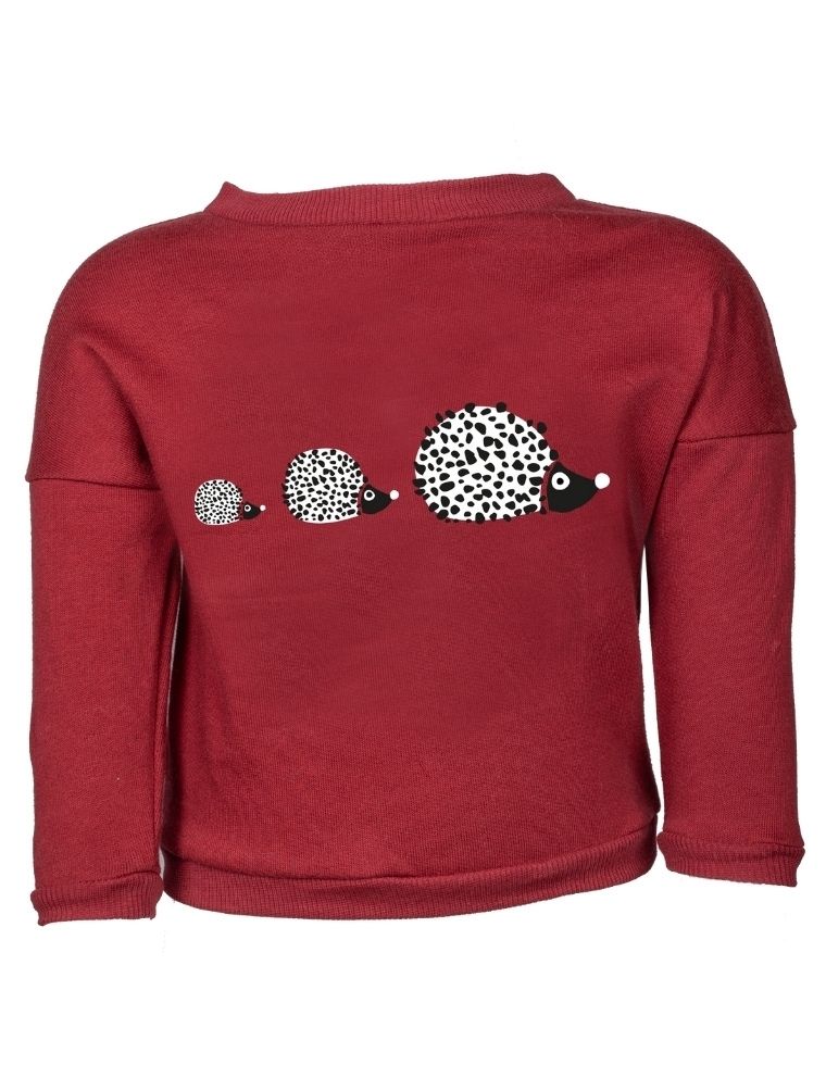 Baby Sweater &quot;Suli&quot; in Beechwood bordeaux with hedgehogs print