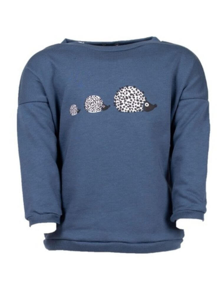 Baby Sweater &quot;Suli&quot; in organic cotton blue with hedgehogs print