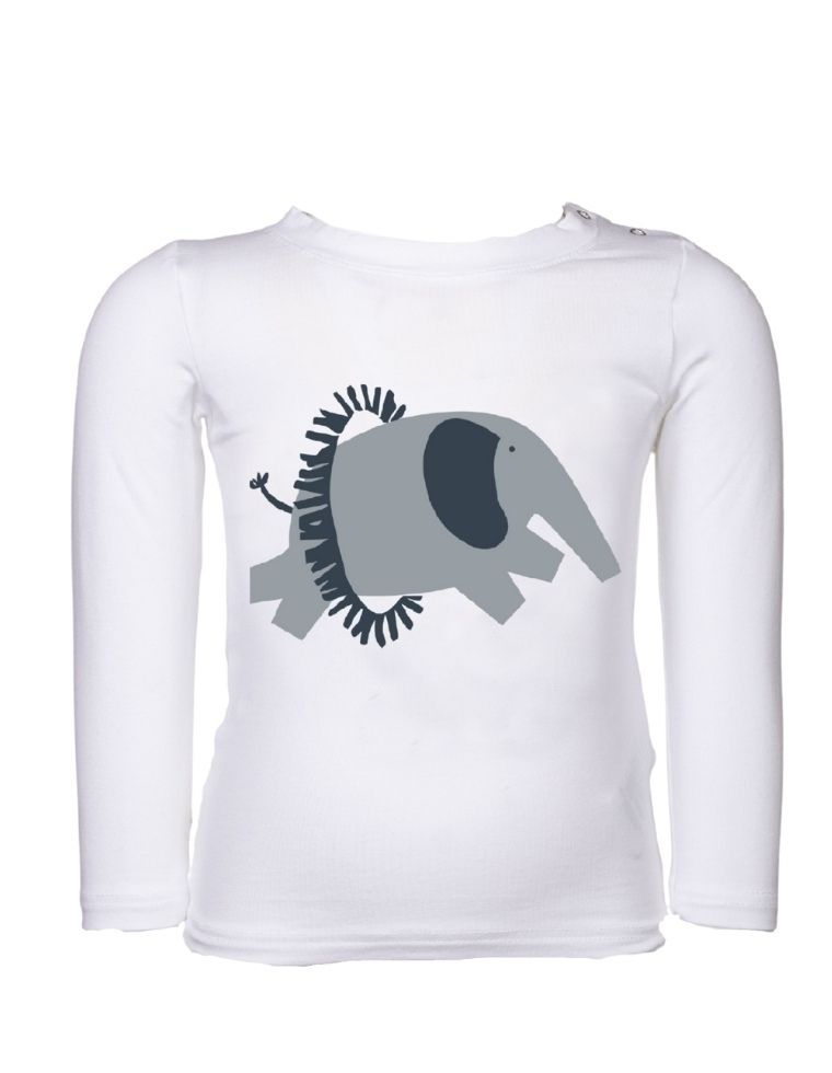 T-shirt neonato &quot;Aura&quot; in fibra di eucalipto bianca con stampa elefante