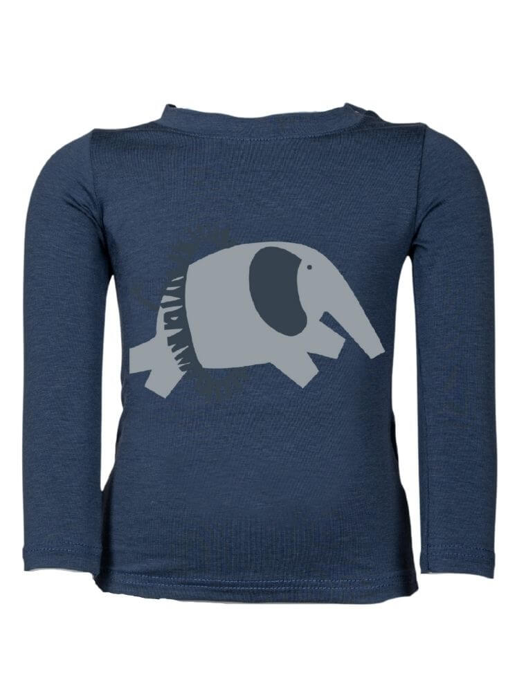 T-shirt neonato &quot;Aura&quot; in fibra di eucalipto blu con stampa elefante