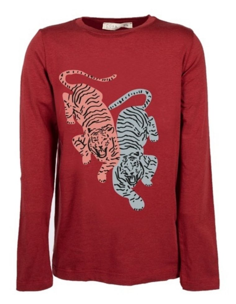 T-Shirt bambino &quot;Aura&quot; in eucalipto bordeaux con stampa tigri