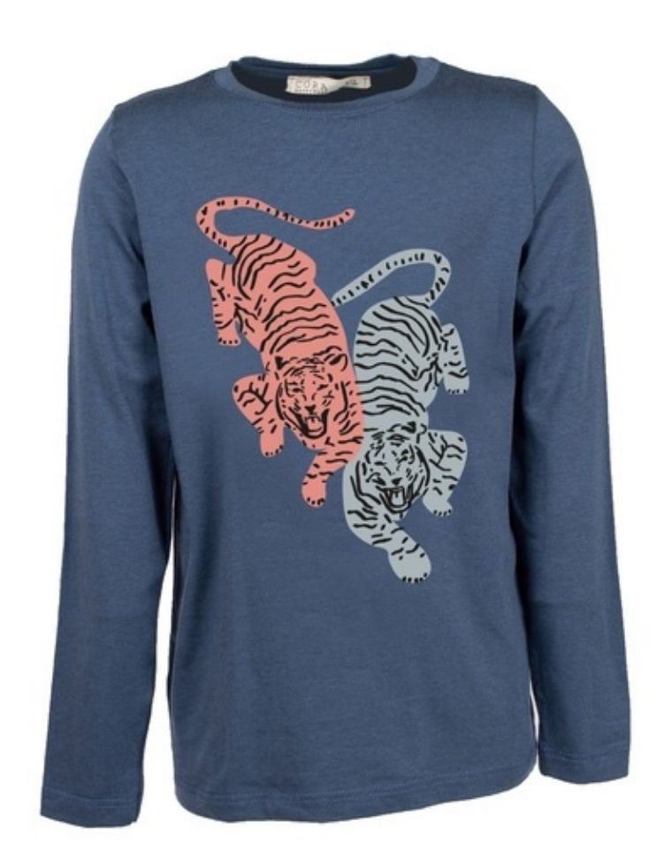 T-Shirt bambino &quot;Aura&quot; in fibra di eucalipto blu con stampa tigri