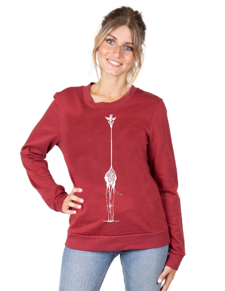 Damen Sweater &quot;Dori&quot; aus Buchenholz bordeaux mit Giraffe Druck