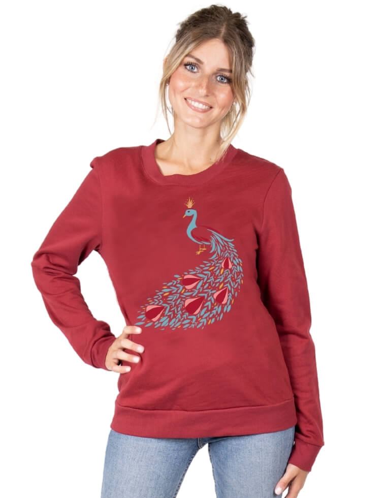 Damen Sweater &quot;Dori&quot; aus Buchenholz bordeaux mit Pfau Druck