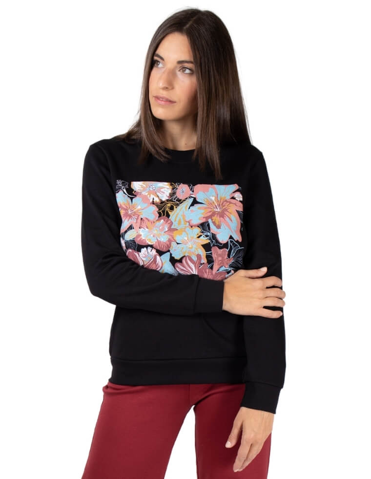 Damen Sweater &quot;Dori&quot; aus Buchenholz schwarz mit Blumen Druck