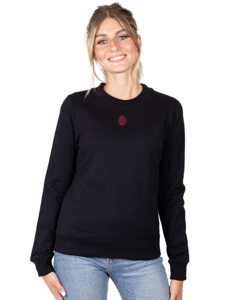 Damen Sweater &quot;Dori&quot; aus Buchenholz schwarz mit Marienkäfer Druck
