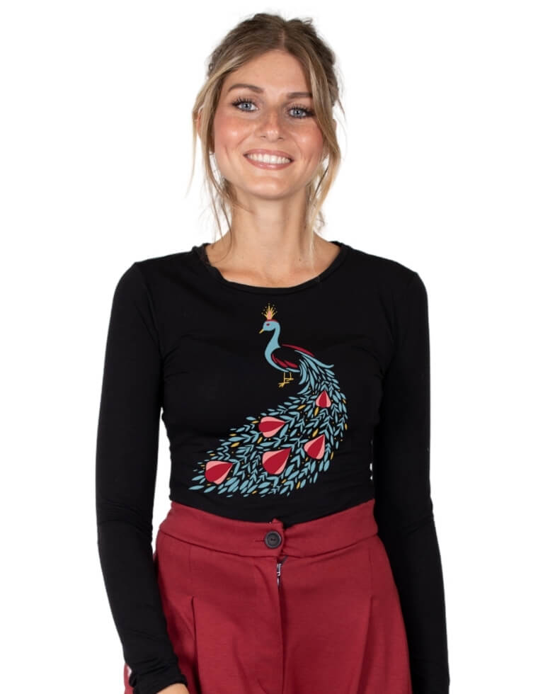 T-Shirt donna &quot;Matri&quot; in fibra di eucalipto nera con stampa pavone