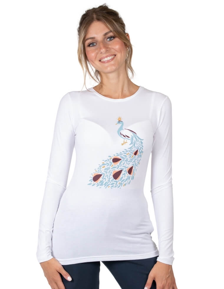 Woman T-Shirt &quot;Matri&quot; in eucalyptus white with peacock print