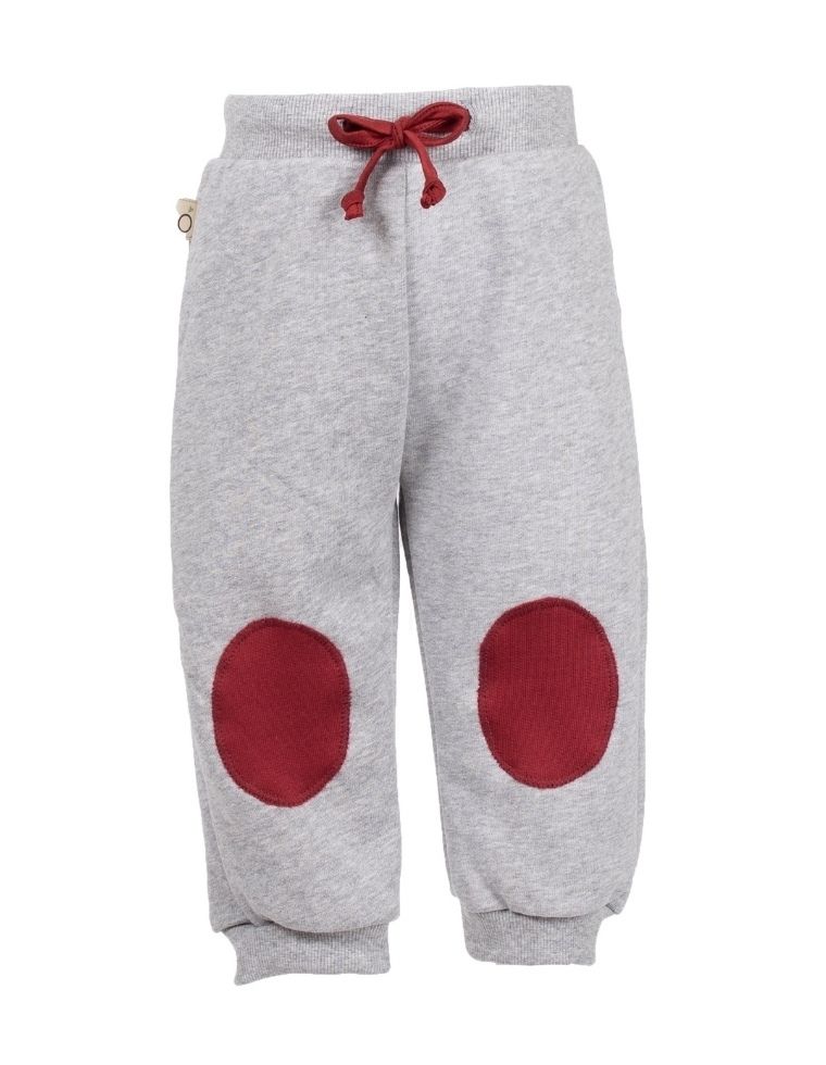 Pantaloni neonato &quot;Ali&quot; cotone organico grigio con toppe bordeaux