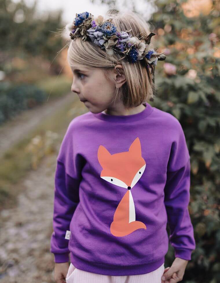 Suli Kinder Sweatshirt aus Bio-Baumwolle - lila mit Fuchs-Print