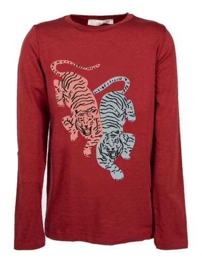 [KNTS007-6522TI] T-Shirt bambino &quot;Aura&quot; in eucalipto bordeaux con stampa tigri
