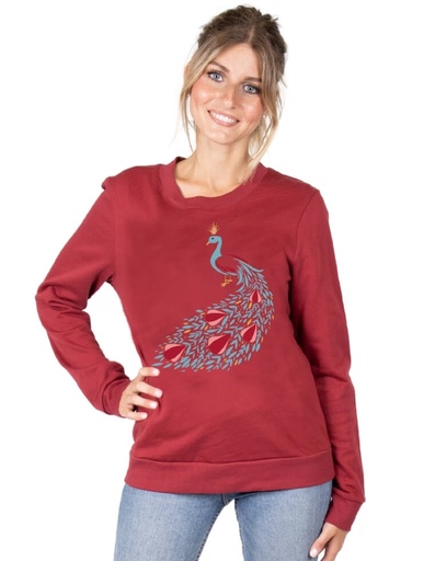 [WMSW003-652PAV] Damen Sweater &quot;Dori&quot; aus Buchenholz bordeaux mit Pfau Druck