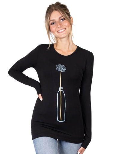 [WMTS015-010VAS] T-Shirt donna &quot;Matri&quot; in fibra di eucalipto nera con stampa fiore