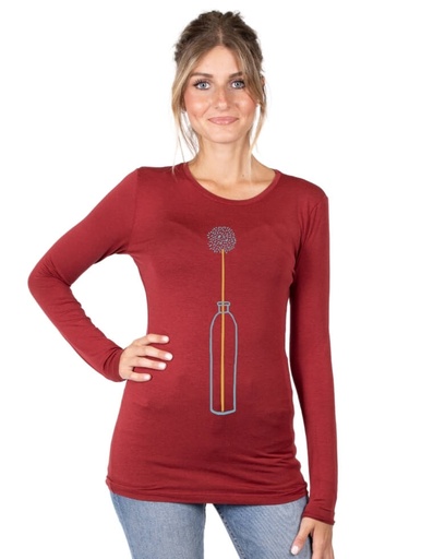 [WMTS015-652VAS] T-Shirt donna &quot;Matri&quot; in fibra di eucalipto bordeaux con stampa fiore