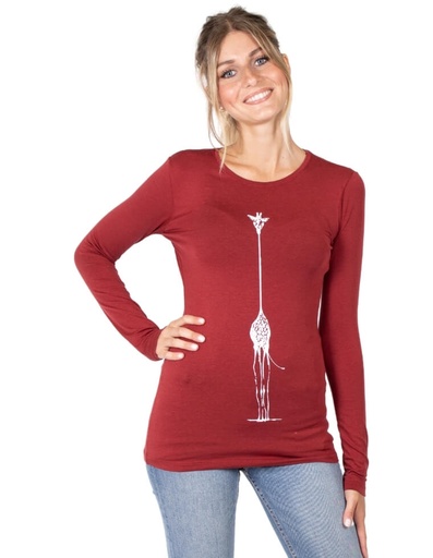 [WMTS015-652GIR] T-Shirt donna &quot;Matri&quot; in fibra di eucalipto bordeaux con stampa giraffa