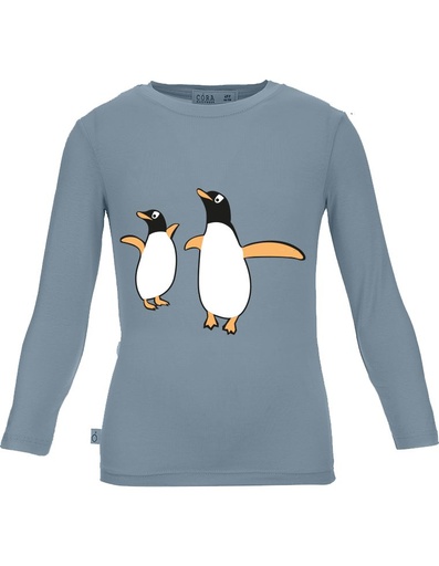 [KNTS007-401PIN-FW22] T-shirt Aura in Fibra di Eucalipto- azzurra con stampa pinguini