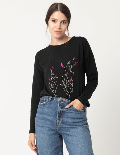 [WMTS021-010RAM-FW23] Martina Women's Eucalyptus Fibre T-Shirt - schwarz mit Zweigen