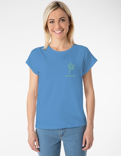 [WMTS005-139PAL-SS23] T-shirt Laura in Fibra di Eucalipto - azzurra con palma