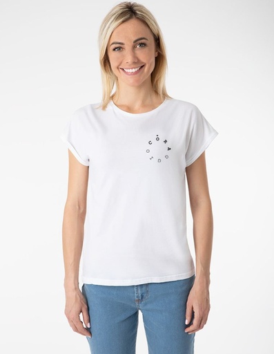 [WMTS005-020COR-SS23] Laura Eucalyptus Fibre T-shirt - white with &quot;Coraggio&quot; print